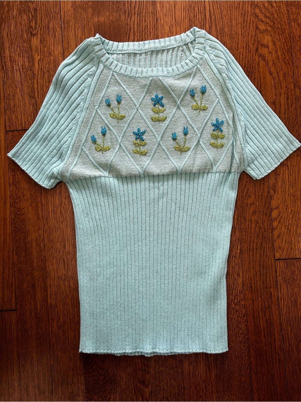 Cormio Italian Blue Ribbed Scoop Neck metallic sweater with Floral Embroidery